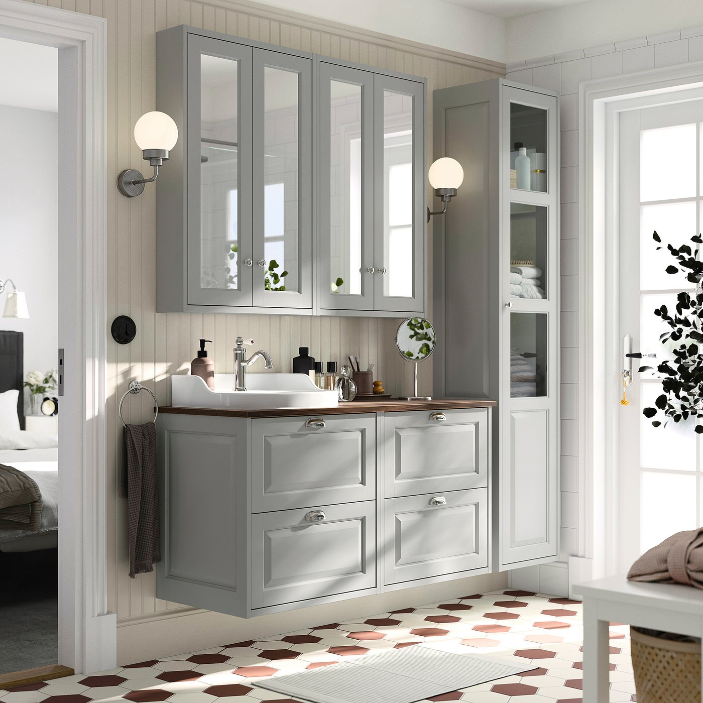 TÄNNFORSEN / RUTSJÖN wash-stand/wash-basin, light grey/brown walnut effect, 122x49x76 cm