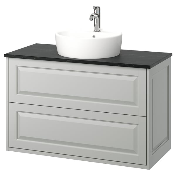 TÄNNFORSEN / TÖRNVIKEN wash-stnd w drawers/wash-basin/tap, light grey/black marble effect
