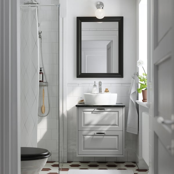 TÄNNFORSEN / TÖRNVIKEN wash-stnd w drawers/wash-basin/tap, light grey/black marble effect