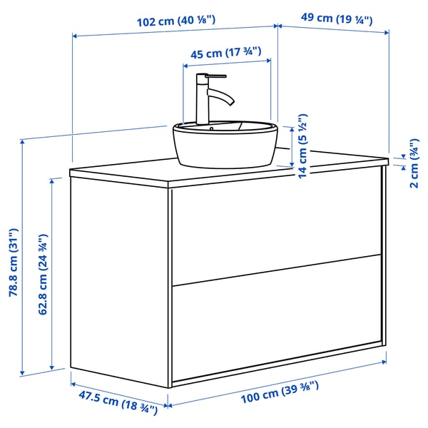 TÄNNFORSEN / TÖRNVIKEN wash-stnd w drawers/wash-basin/tap, light grey/black marble effect