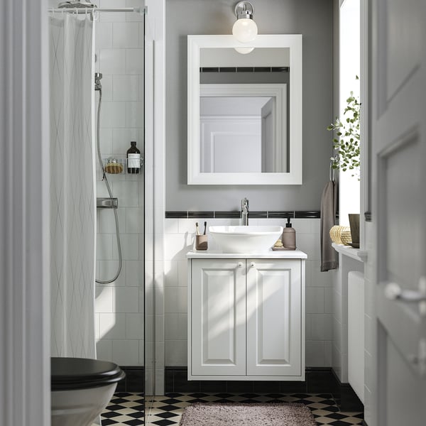 TÄNNFORSEN / VÄSTERSJÖN wash-stnd w doors/wash-basin/tap, white/white marble effect, 62x49x79 cm