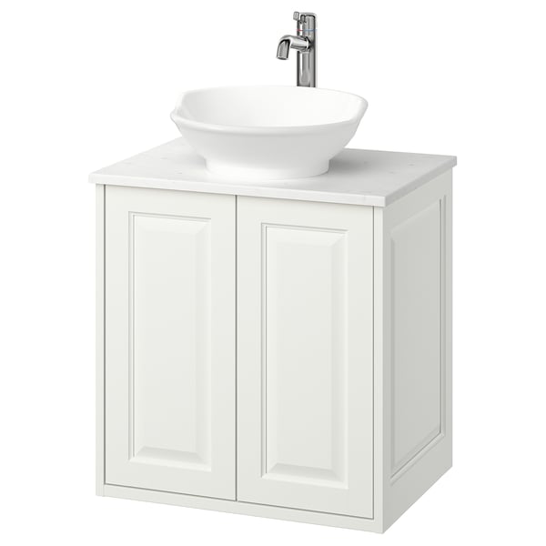 TÄNNFORSEN / VÄSTERSJÖN wash-stnd w doors/wash-basin/tap, white/white marble effect, 62x49x79 cm