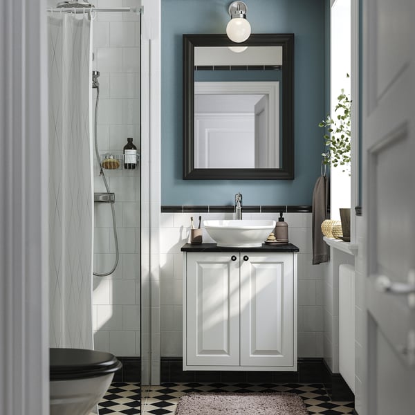 TÄNNFORSEN / VÄSTERSJÖN wash-stnd w doors/wash-basin/tap, white/black marble effect, 62x49x79 cm