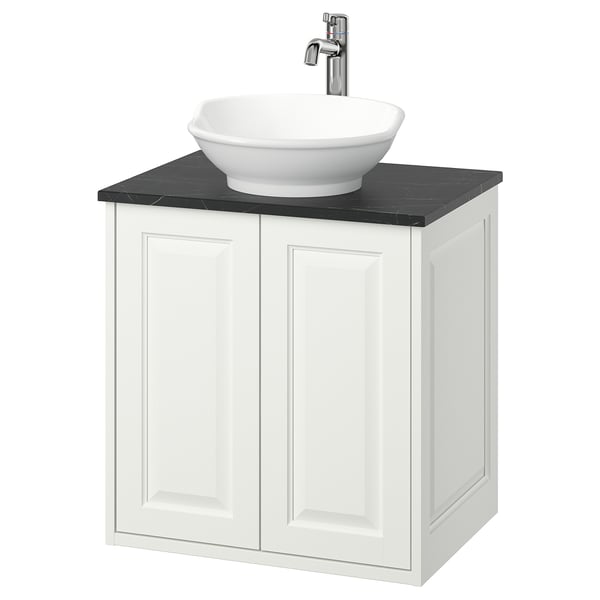 TÄNNFORSEN / VÄSTERSJÖN wash-stnd w doors/wash-basin/tap, white/black marble effect, 62x49x79 cm