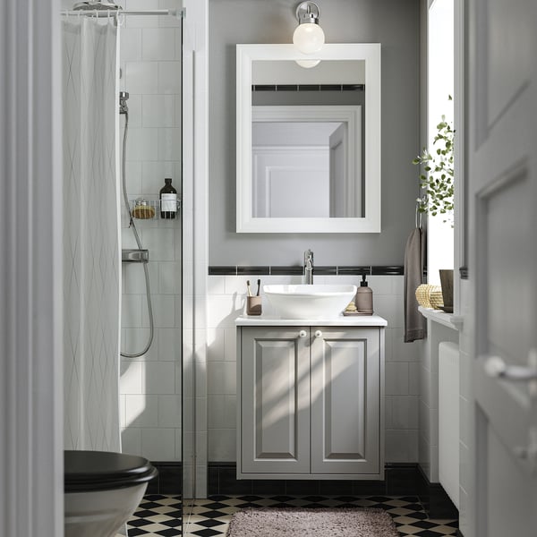 TÄNNFORSEN / VÄSTERSJÖN wash-stnd w doors/wash-basin/tap, light grey/white marble effect, 62x49x79 cm