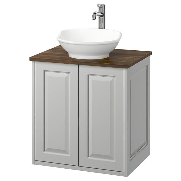 TÄNNFORSEN / VÄSTERSJÖN wash-stnd w doors/wash-basin/tap, light grey/brown walnut effect, 62x49x79 cm