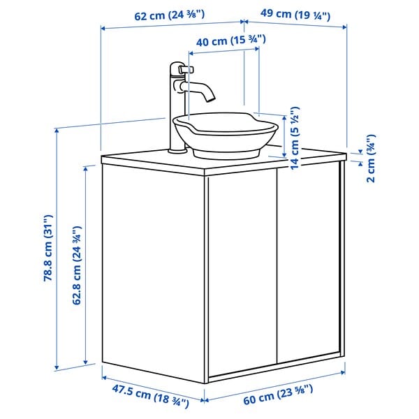 Ikea TÄNNFORSEN / VÄSTERSJÖN - Washbasin cabinet/ante/washbasin/miscelat, light gray/black marble effect,62x49x79 cm