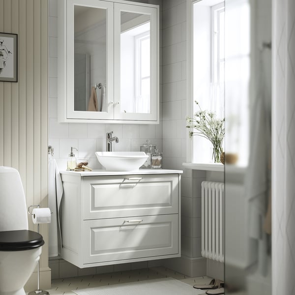 TÄNNFORSEN / VÄSTERSJÖN wash-stnd w drawers/wash-basin/tap, white/white marble effect, 82x49x79 cm