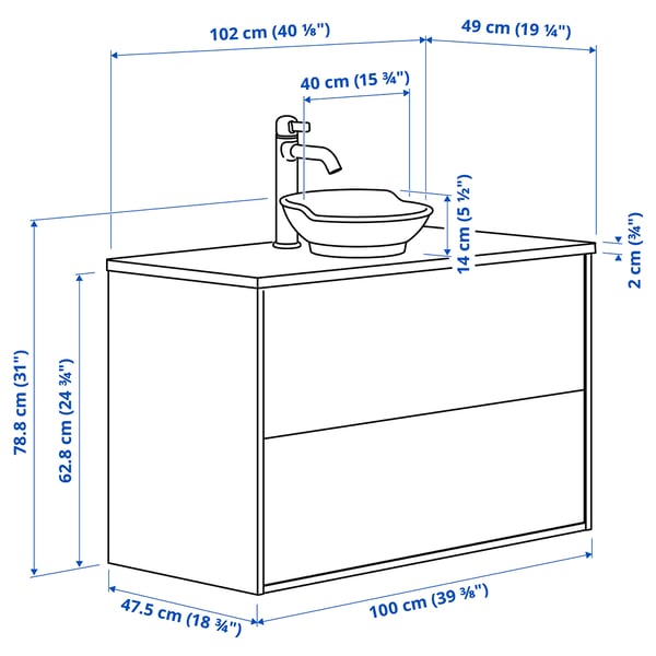 TÄNNFORSEN / VÄSTERSJÖN wash-stnd w drawers/wash-basin/tap, white/white marble effect, 102x49x79 cm