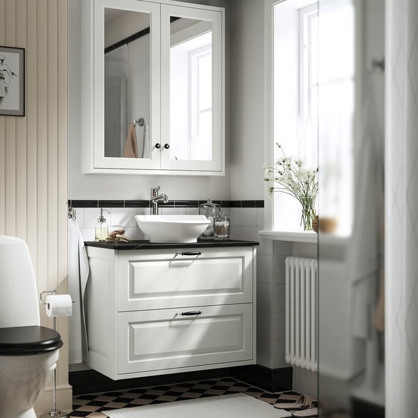 TÄNNFORSEN / VÄSTERSJÖN wash-stnd w drawers/wash-basin/tap, white/black marble effect, 82x49x79 cm