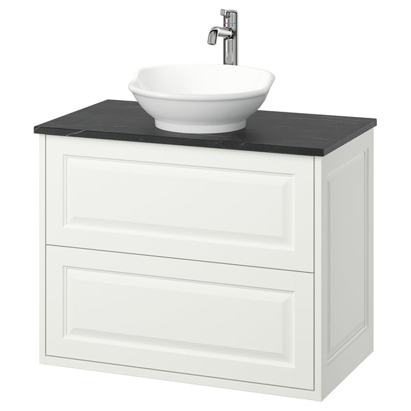 TÄNNFORSEN / VÄSTERSJÖN wash-stnd w drawers/wash-basin/tap, white/black marble effect, 82x49x79 cm