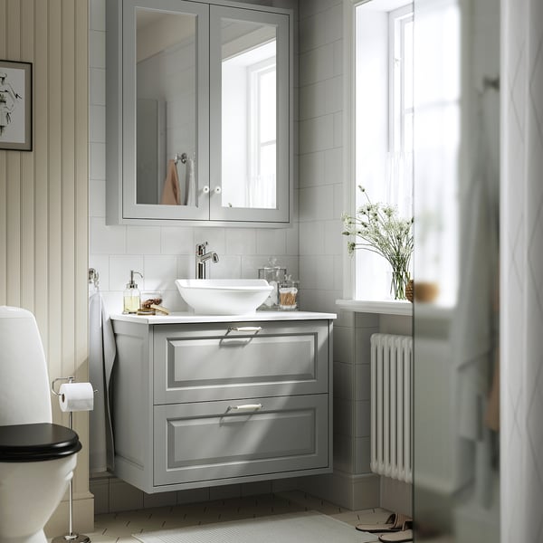 TÄNNFORSEN / VÄSTERSJÖN wash-stnd w drawers/wash-basin/tap, light grey/white marble effect, 82x49x79 cm