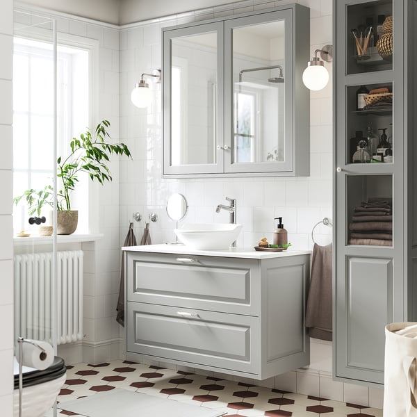 TÄNNFORSEN / VÄSTERSJÖN wash-stnd w drawers/wash-basin/tap, light grey/white marble effect, 102x49x79 cm