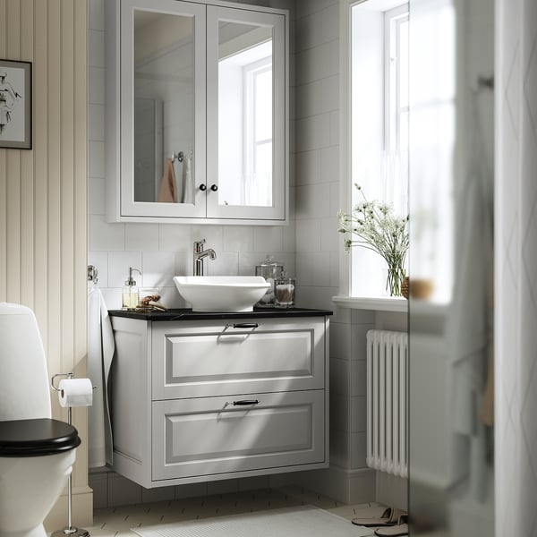 TÄNNFORSEN / VÄSTERSJÖN - Washbasin/drawer/misc cabinet, light gray/black marble effect,82x49x79 cm