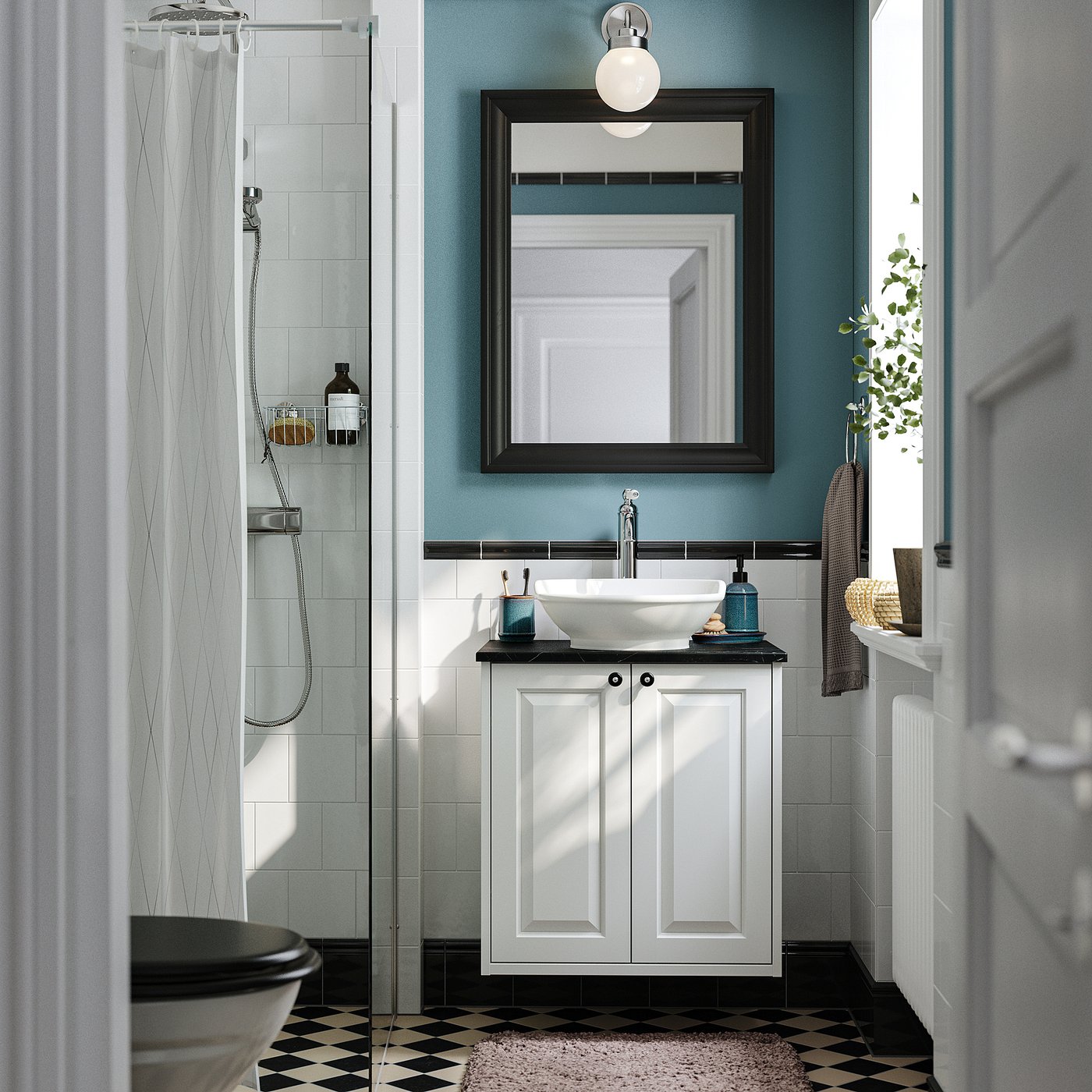 TÄNNFORSEN / VÄSTERSJÖN wash-stnd w doors/wash-basin, white/black marble effect, 62x49x79 cm