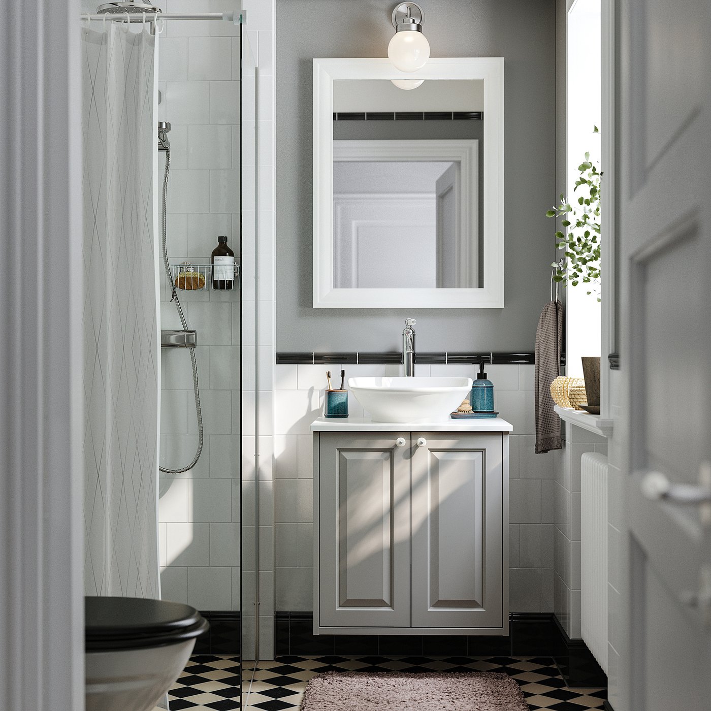 TÄNNFORSEN / VÄSTERSJÖN wash-stnd w doors/wash-basin, light grey/white marble effect, 62x49x79 cm