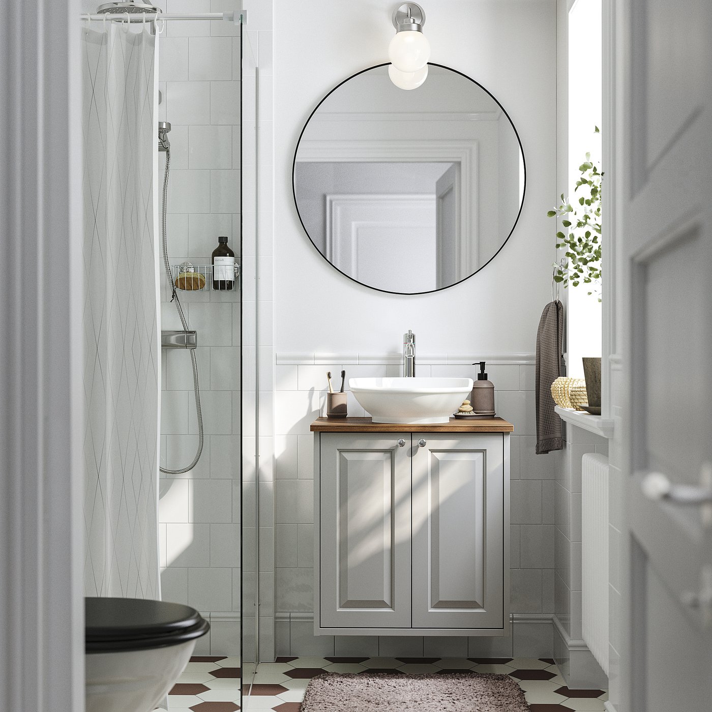 TÄNNFORSEN / VÄSTERSJÖN wash-stnd w doors/wash-basin, light grey/brown walnut effect, 62x49x79 cm