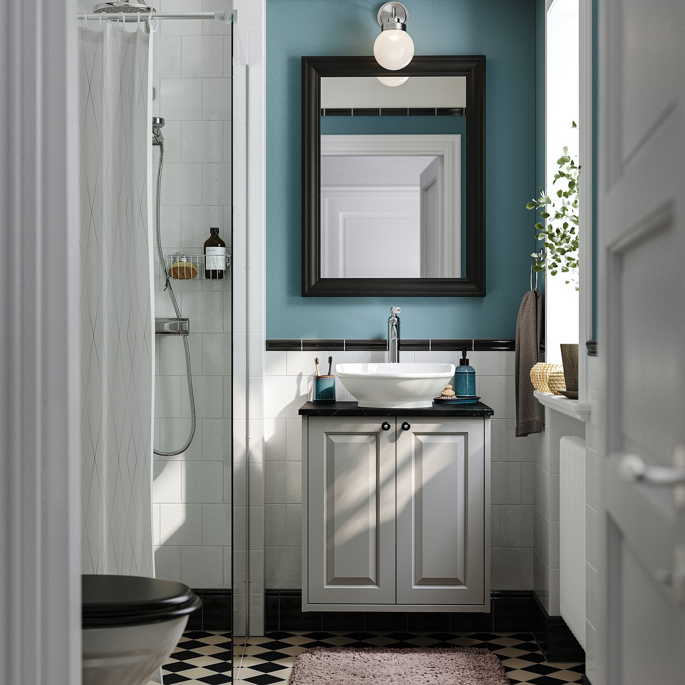 TÄNNFORSEN / VÄSTERSJÖN wash-stnd w doors/wash-basin, light grey/black marble effect, 62x49x79 cm