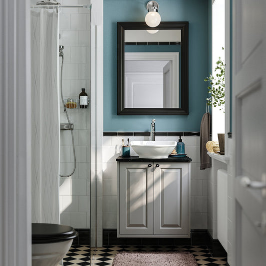 TÄNNFORSEN / VÄSTERSJÖN wash-stnd w doors/wash-basin, light grey/black marble effect, 62x49x79 cm