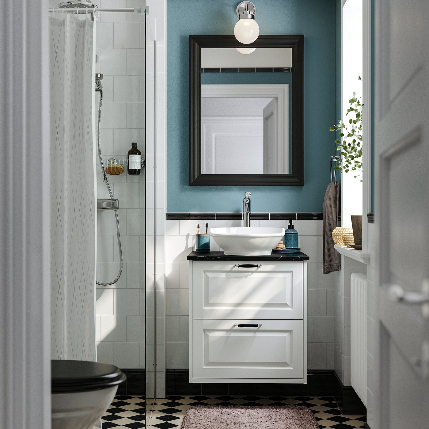 TÄNNFORSEN / VÄSTERSJÖN wash-stnd w drawers/wash-basin, white/black marble effect, 62x49x79 cm