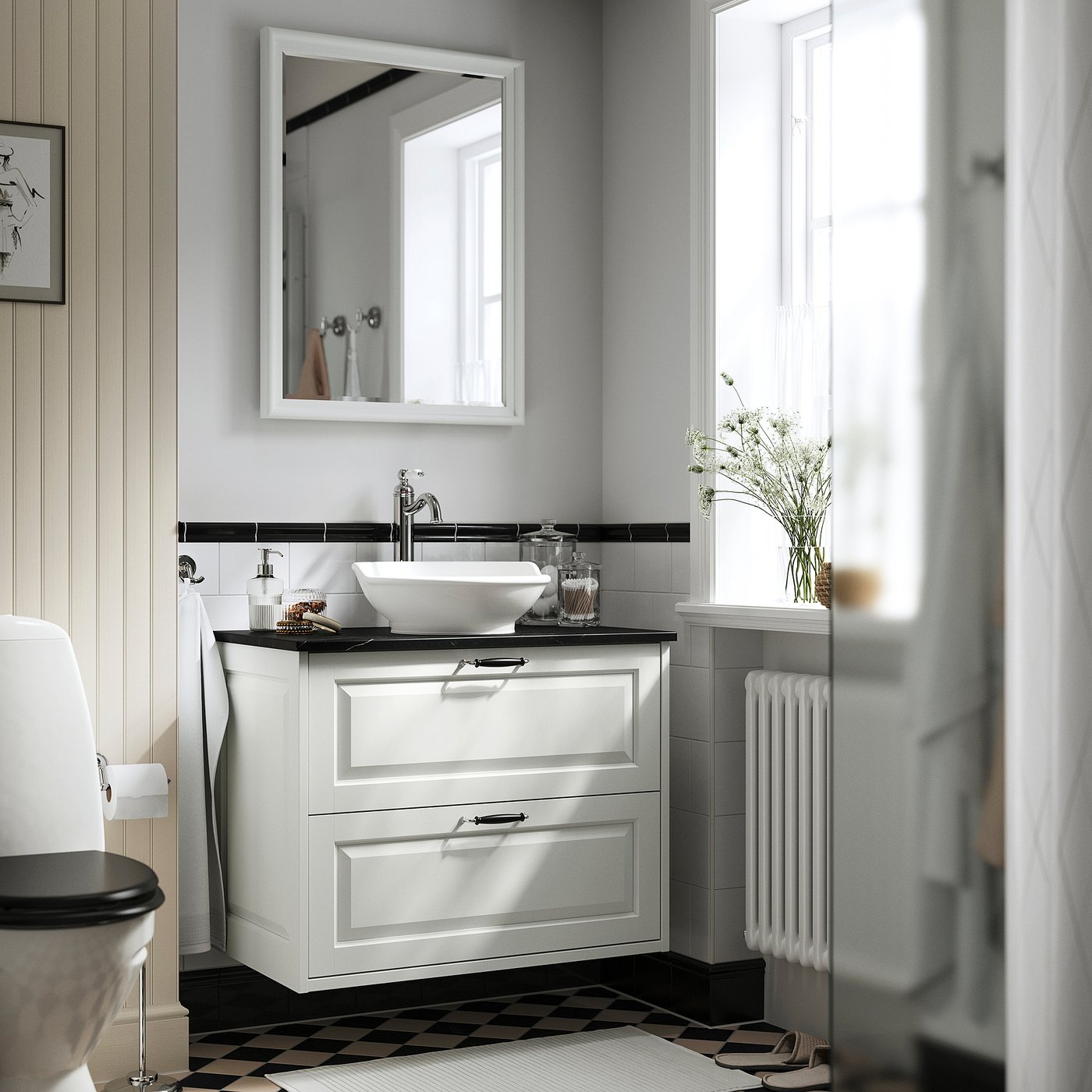 TÄNNFORSEN / VÄSTERSJÖN wash-stnd w drawers/wash-basin, white/black marble effect, 82x49x79 cm