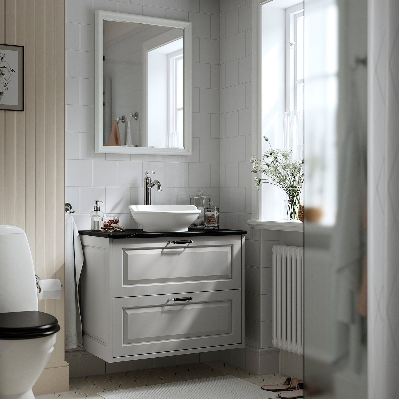 TÄNNFORSEN / VÄSTERSJÖN wash-stnd w drawers/wash-basin, light grey/black marble effect, 82x49x79 cm