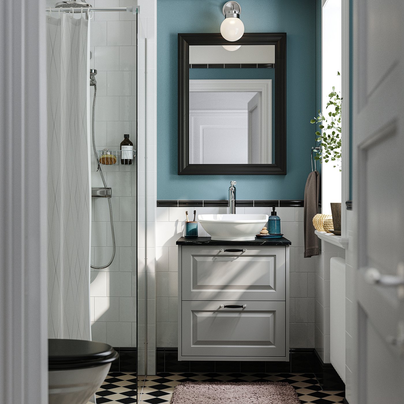 TÄNNFORSEN / VÄSTERSJÖN wash-stnd w drawers/wash-basin, light grey/black marble effect, 62x49x79 cm