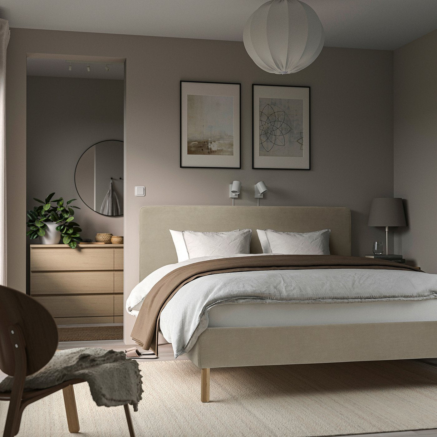 TÄRNKULLEN upholstered bed frame, Kelinge beige/Lindbåden, 140x200 cm