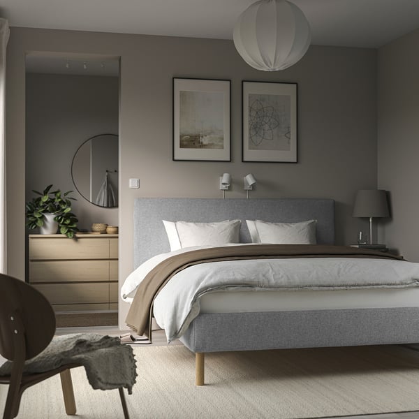 TÄRNKULLEN upholstered bed frame, Tibbleby beige/grey/Lindbåden, 160x200 cm