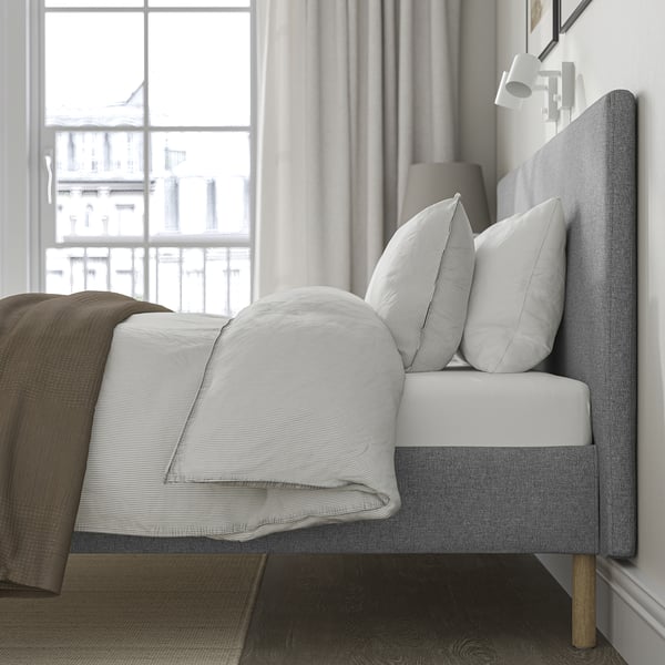 TÄRNKULLEN - Upholstered bed frame, Tibbleby beige/grey/Lindbåden,140x200 cm