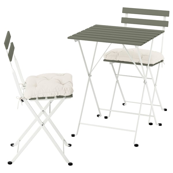 TÄRNÖ - Tavolo+2 sedie da giardino, bianco/verde pieghevole/pieghevole Kuddarna grigio-beige chiaro,55x54 cm