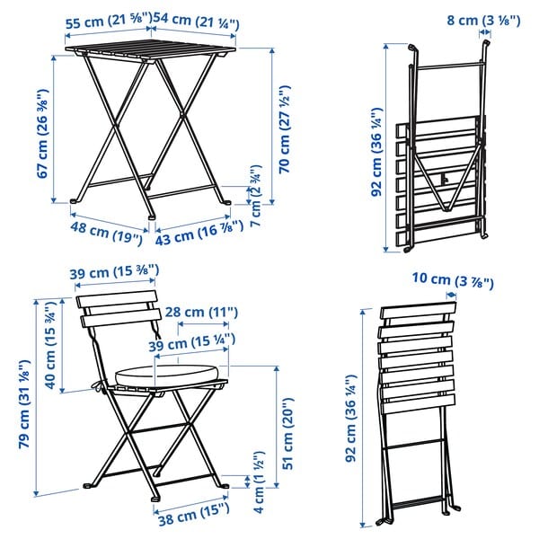 Ikea TÄRNÖ - Table+2 garden chairs, black/mordant light brown folding/folding Kuddarna light gray-beige,55x54 cm