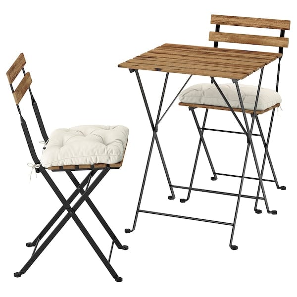 Ikea TÄRNÖ - Table+2 garden chairs, black/mordant light brown folding/folding Kuddarna light gray-beige,55x54 cm