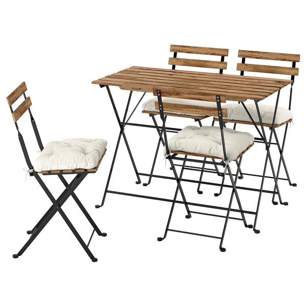 TÄRNÖ table+4 chairs, outdoor, black/light brown stained foldable/foldable Kuddarna light grey-beige, 100x54 cm