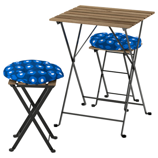 TÄRNÖ table and 2 stools, outdoor, folding black/light brown stained/folding Klösan dark blue, 55x54 cm
