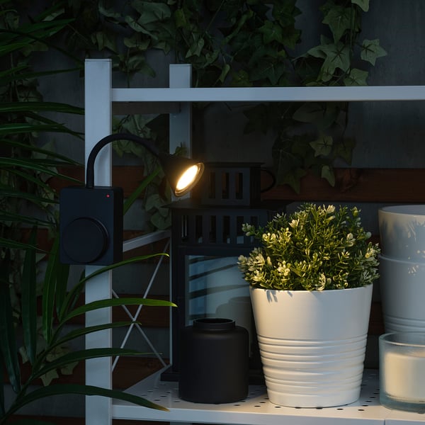 TÅGVIRKE - LED spotlight and clamp, battery-operated outdoor/dimmable black