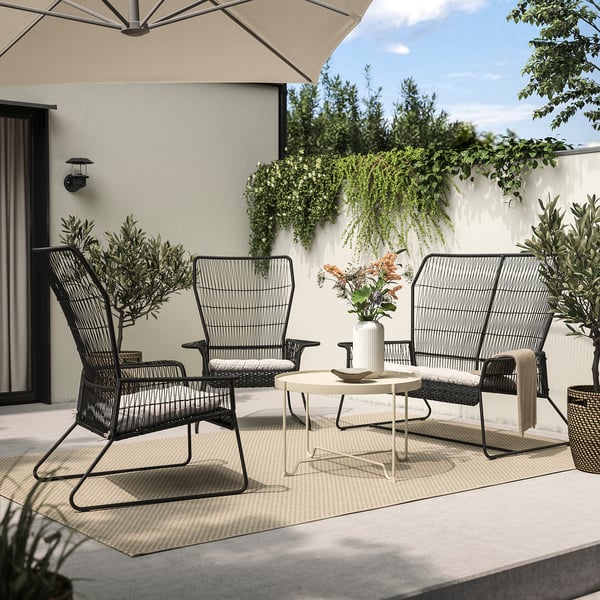TALLSKÄR 4-seat, lounge set, outdoor anthracite/Kuddarna light grey-beige, 83x106x82 cm