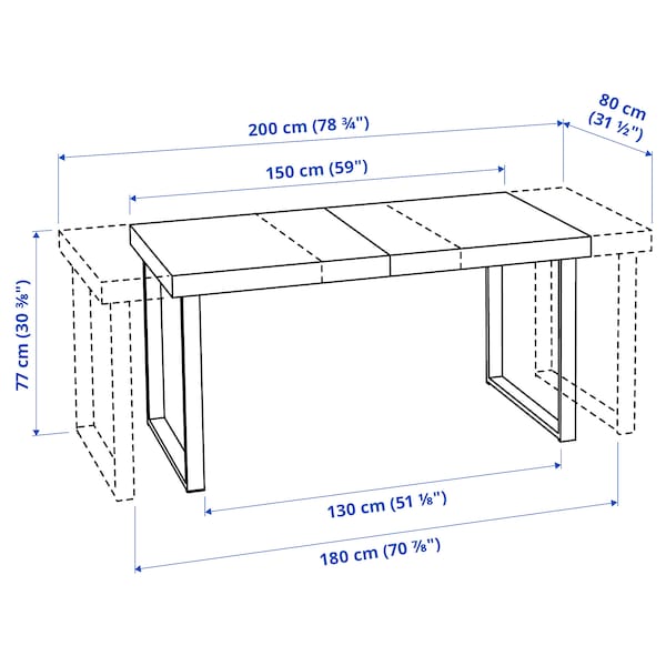 TARSELE - Extendable table, oak veneer/black, 150/200x80 cm