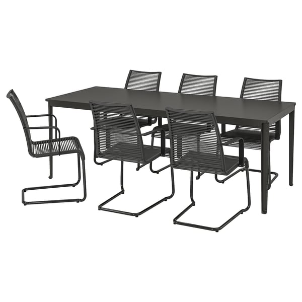 TEGELÖN / VÄSMAN table+6 chairs w armrests, outdoor, dark grey/black/black