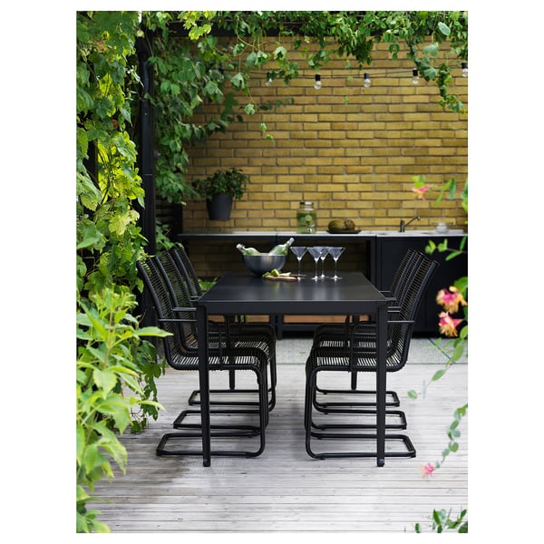 TEGELÖN / VÄSMAN table+6 chairs w armrests, outdoor, dark grey/black/black