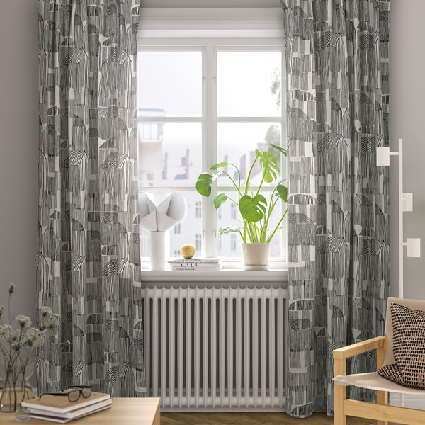 TEMPELFLY curtains, 1 pair, white/black/with heading tape, 145x300 cm