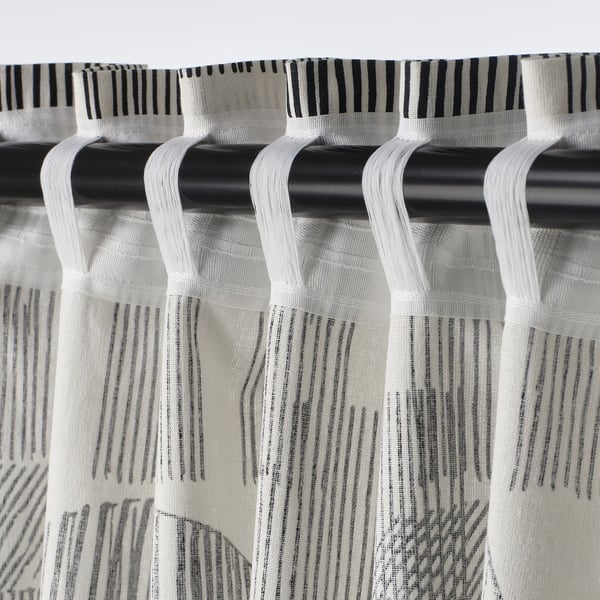 TEMPELFLY curtains, 1 pair, white/black/with heading tape, 145x300 cm