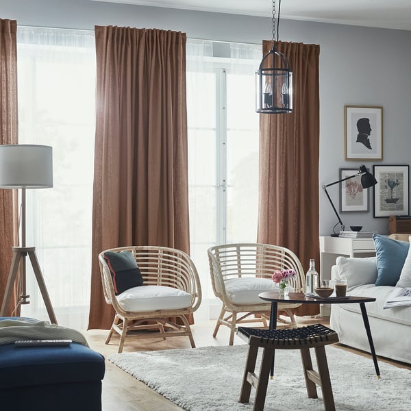 TIBAST room darkening curtains, 1 pair, dark red/with heading tape, 145x300 cm