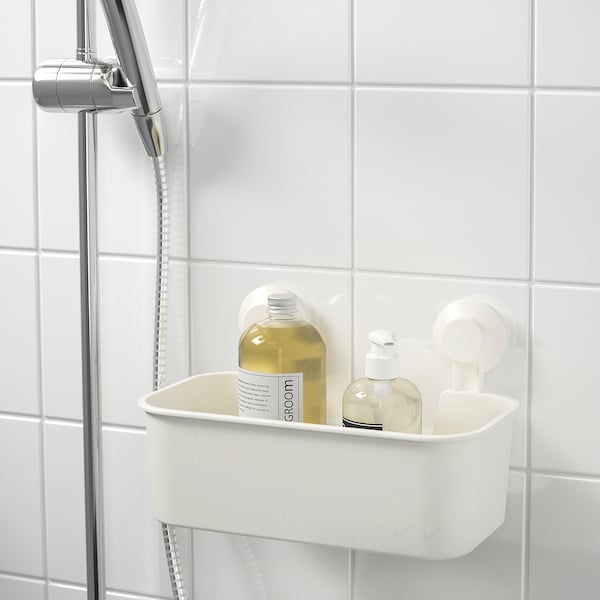 TISKEN basket with suction cup, white, 28x17x17 cm