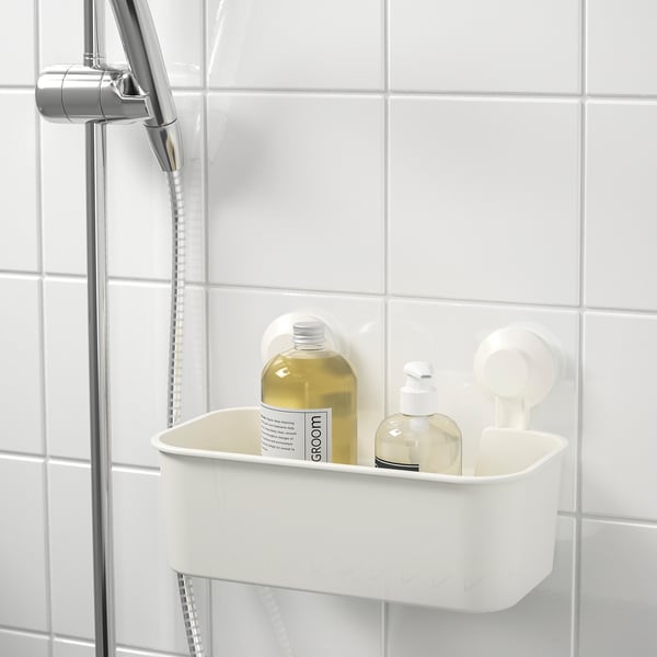TISKEN basket with suction cup, white, 28x17x17 cm