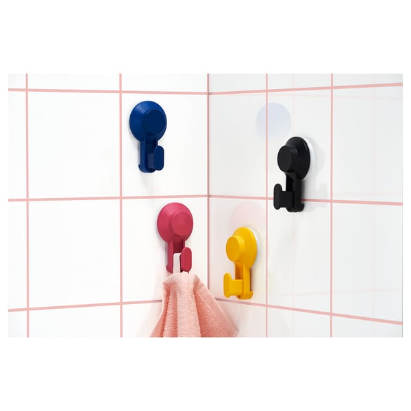TISKEN hook with suction cup, mixed colours, 10x6 cm, 4 pack