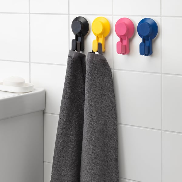 TISKEN hook with suction cup, mixed colours, 10x6 cm, 4 pack