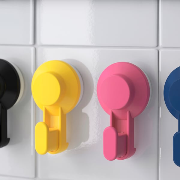 TISKEN hook with suction cup, mixed colours, 10x6 cm, 4 pack