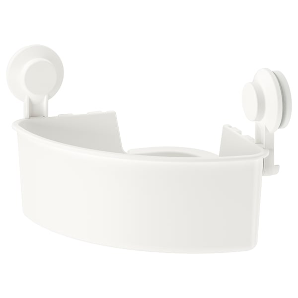 TISKEN corner shelf unit with suction cup, white, 30x17x20 cm
