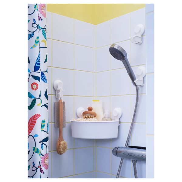 TISKEN corner shelf unit with suction cup, white, 30x17x20 cm